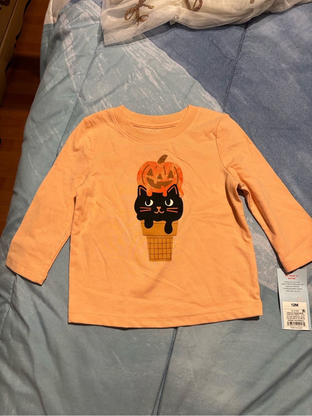 Cat & Jack Peach Long Sleeve Tee with Black Cat & Orange Pumpkin Graphic